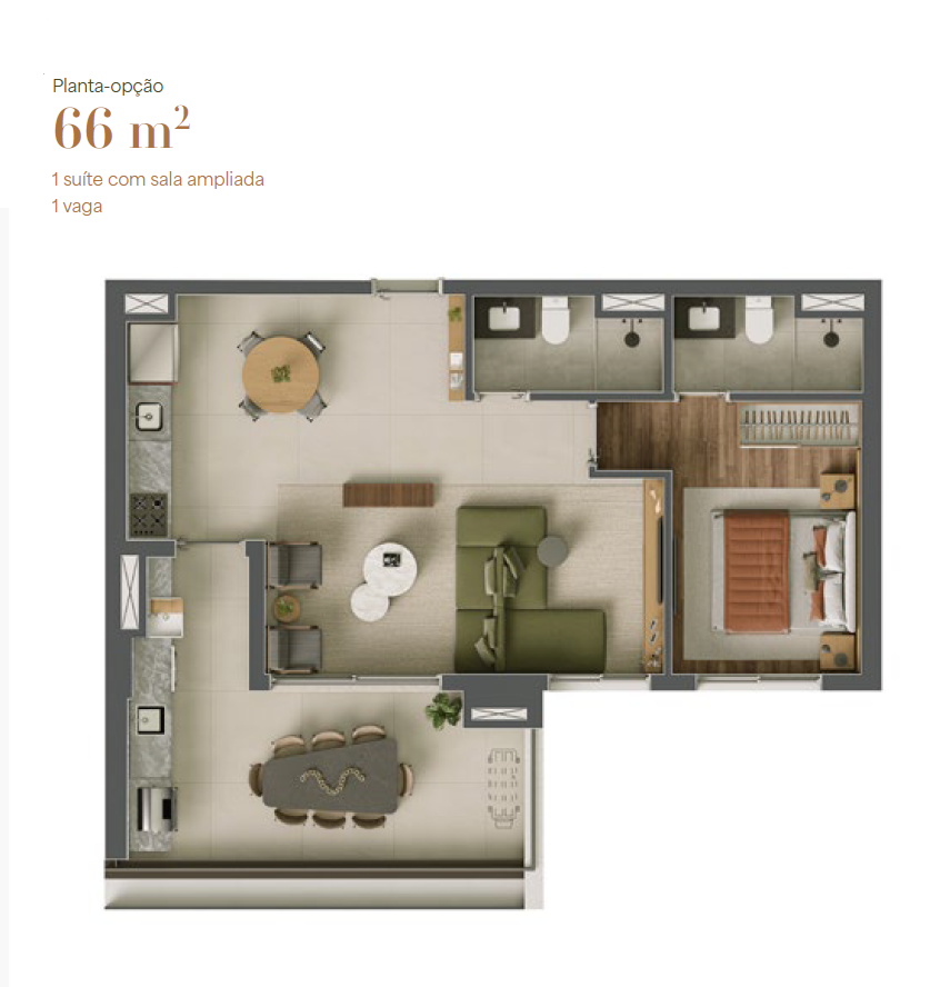 Planta da unidade de 66 m²