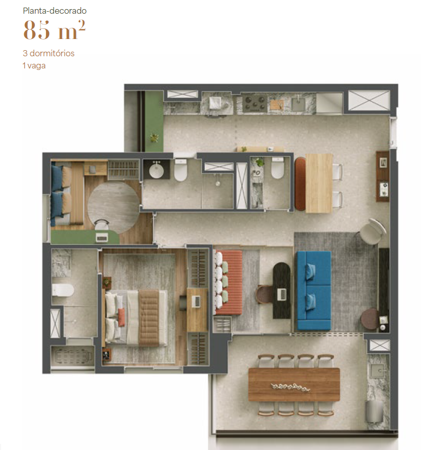 Planta da unidade de 85 m²